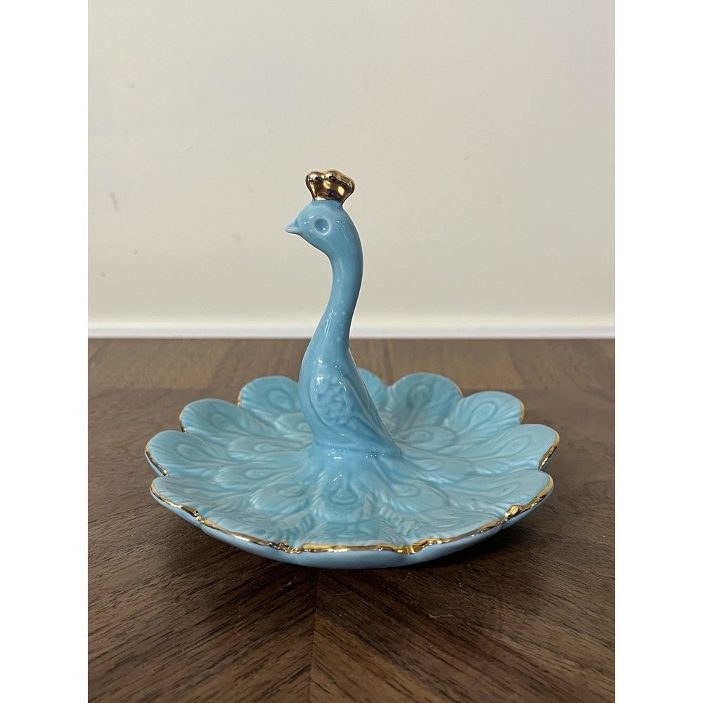 Peacock Ring Holder Trinket Dish Ceramic Turquoise & Gold